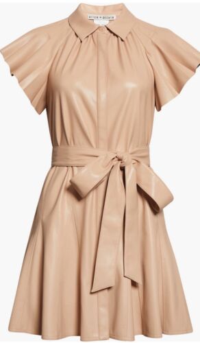 Alice + Olivia Women's Size 0 Beige Faux Leather Button-UP Dress Ties At Waist
