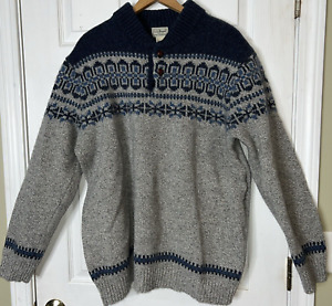 Vtg Men Sz XXL Tall LL BEAN Nordic Fair Isle Print Wool Ski Sweater Navy Gray