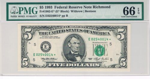 ⭐ Fr. 1982-E* Star 1993 $5 Federal Reserve Note Richmond PMG 66 EPQ