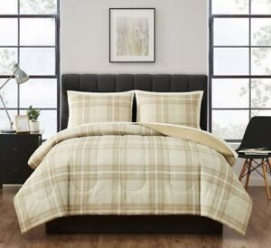 Beige Plaid Reversible 7 Piece Bed in a Bag Comforter Set with Sheets King