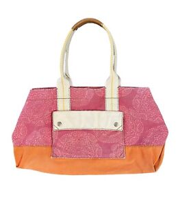Fossil Lena Canvas Pink Orange Large Double Handles Tote Bag Overnight Carry All