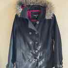 Rue 21 Women's Black Double Breasted Wool Pea Coat with Faux Fur Hood Size Large