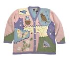 Storybook Knits Womens Cat Basket & Butterfly Cardigan Sweater Large Pastel NEW