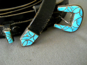 Southwestern Native American Turquoise Inlay Sterling Silver Ranger Set Blk Belt