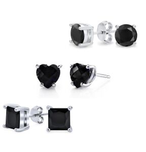 3 Pack 925 Sterling Silver Black Onyx Cubic Zirconia Stud Earrings Set Men Women