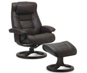 Fjords Mustang Small Recliner Comfort Chair Black Leather Charcoal Wood Stain
