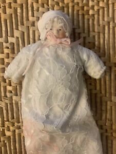 Vintage Horseman Porcelain & Cloth 4 1/2 Inch Doll (baby) In Christening Gown