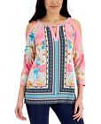 MSRP $55 Jm Collection Womens Mixed-Print Cold-Shoulder Blouse Pink Size Medium