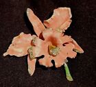 Vintage 1940-50's Large Enamel Orchid Peach Flower Brooch Pin 3