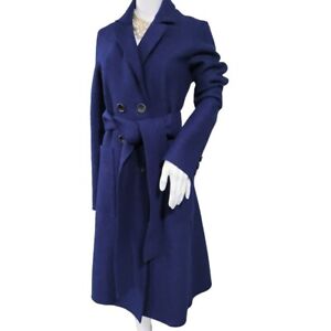 Jill Stuart Wool Double-Breasted with Side Pockets Longline Trench Coat Blue
