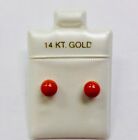 Small 14K Gold Genuine Natural  Red Coral 5 - 5.5 mm Ball Stud Earrings NEW