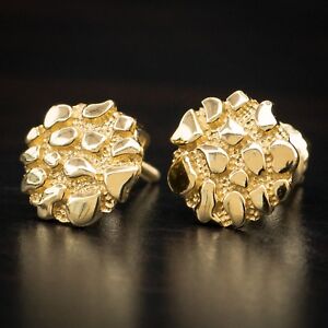 Men's Hip Hop 14K Gold Plated Round Shaped Nugget Stud Screw Back Earrings