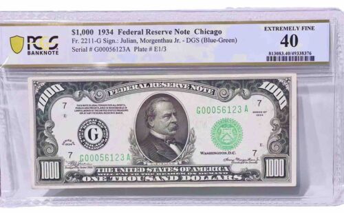 1934 $1000 BILL FRN PLAIN CHICAGO PCGS 40 Fr.2211-G NO ISSUES! LOW S#123 BEAUTY