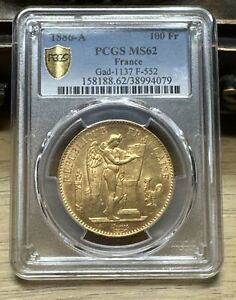 New Listing1886-A France Gold 100 Francs Lucky Angel PCGS MS-62