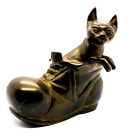 Vintage Solid Brass Cat in a Hollow Boot Figurine, Kitten / Shoe / Statue