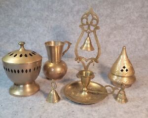Brass Mixed Lot of 7 -  3 Bells 2 Incense Burners 1 Candle Holder 1 Pitcher VTG