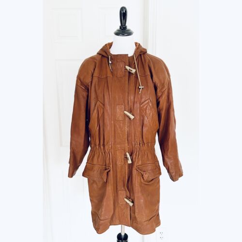 Vintage Leather Hooded Trench Coat Jackete Toggle Plaid Pockets Long Brown M