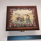 BEAUTIFUL WOOD BOX w/ HINGED TOP & embroidered FABRIC TOP accent (3364)