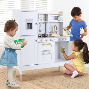 Kids Pretend Play Kitchen Set Wooden Kitchen Playset with Light & Sound Toy Gift