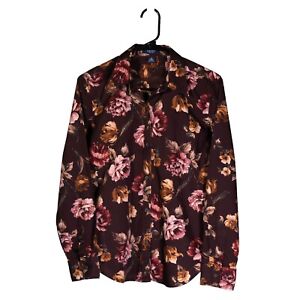 Chaps Ralph Lauren Women's Shirt Button Up Brown Pink Floral Cotton Blouse Top M