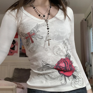 Grunge y2k Crop Top Vintage Floral Print  Rhinestone Full Sleeve T Shirt 2000s