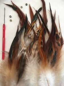 Premium Feather Hair Extensions DYI Kit Salon Pack Beads Threader Natural Colors