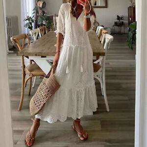 Womens Summer Boho Lace Maxi Dress Ladies V Neck Casual Holiday Long Sundress U,