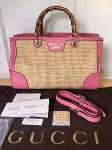 Gucci Rare Pink Raffia & Leather Bamboo Shopper Handbag Medium 2 Way Tote Bag