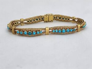Vintage 18K Yellow Gold Turquoise Bracelet 6.75