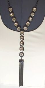 Chico's Long “Y” Necklace Square Crystals Gunmetal Tassel NWOT Statement Piece