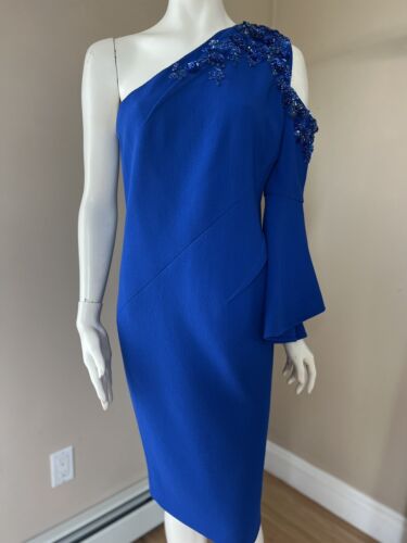 Pamella Roland Couture dress open shoulder sz 8 Sample Sale blue bell sleeve