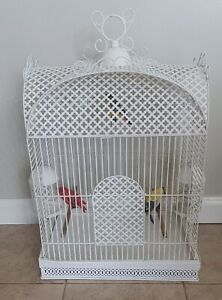 Antique Metal Bird Cage Ornate French Swivel Feeders White Vintage Decorative