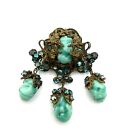 Vintage Signed MIRIAM HASKELL Carved Turquoise Glass Rhinestone Brooch Pin