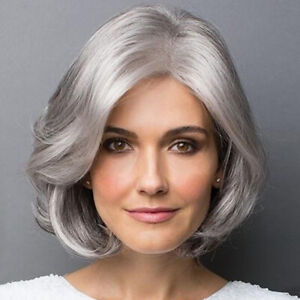 100% Human Hair New Women's Short Silver Gray Straight Full Wigs