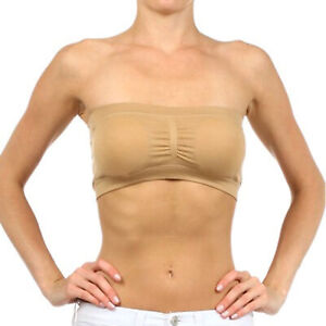 Womens Strapless Padded Bra Bandeau Tube Top Removable Pads Seamless Crop Khaki