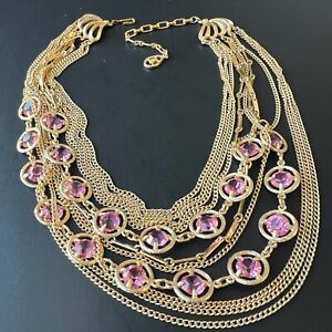 Vintage Pink Bezel Set Crystal Gold Tone Multi Chain Link Retro Necklace A33