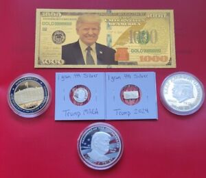 6 Piece Donald Trump MAGA Collection Challenge Coins, Gold Note, 1g .999 Silver