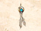 Signed RB Running Bear Sterling Silver & Turquoise Bear Claw & Feather Pendant