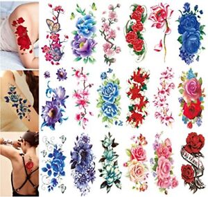 YAKAGO 21 Sheets Flower Temporary Tattoos For Women Rose Cherry Peony Peach