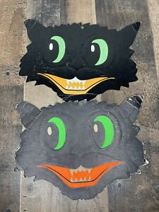 Vintage Halloween H E Luhr Black Cat Scary 1939-1950 Die Cut Decoration lot of 2