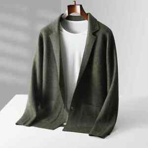 100% Merino Wool Men's Suit Collar Knitted Cardigan Autumn Winter Thickened