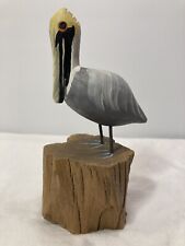 Pelican Bird on Driftwood Log Vintage Hand Painted Wood Carving 6” tall