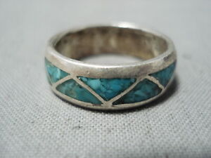 FANTASTIC VINTAGE NAVAJO TURQUOISE CHIP INLAY STERLING SILVER RING OLD
