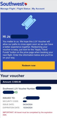 Southwest Airlines LUV Travel Vouchers - $600 - Expires 10/24/2024.