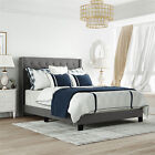 Queen Size Upholstered Platform Bed Frame w/ Upholstered Headboard Beige/Gray