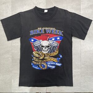 Vintage Bike Week 1997 Black T Shirt Medium Faded Biker Skull USA Made harley