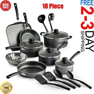 18 Piece Cookware Set Pots & Pans Kitchen Non Stick Home Cooking Pot Pan Black