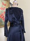 Antique Edwardian Black Silk Lace Dress Gown Floral Ribbon Work Sash Tassels