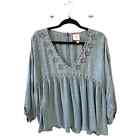 Knox Rose Blouse XXL 2XL Women's Top Green BOHO 3/4 Sleeve Babydoll Embroidered