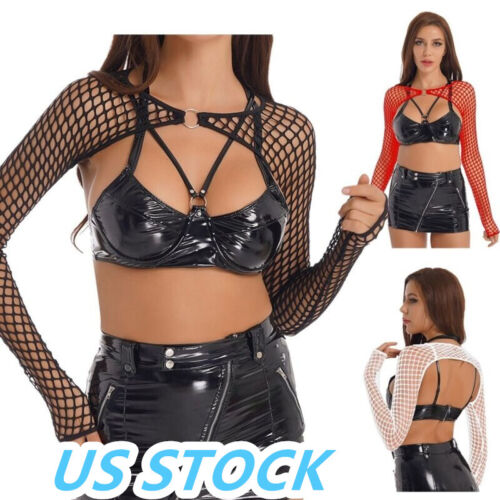 US Women Hollow Out Fishnet Long Sleeve Crop Top Open Front T-shirt Cover Ups